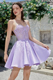 Cute A Line Spaghetti Straps Purple Corset Short Formal Dress with Criss Cross Back