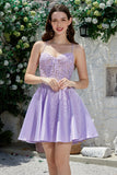 Cute A Line Spaghetti Straps Purple Corset Short Formal Dress with Criss Cross Back