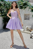 Cute A Line Spaghetti Straps Purple Corset Short Formal Dress with Criss Cross Back