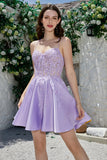 Cute A Line Spaghetti Straps Purple Corset Short Formal Dress with Criss Cross Back