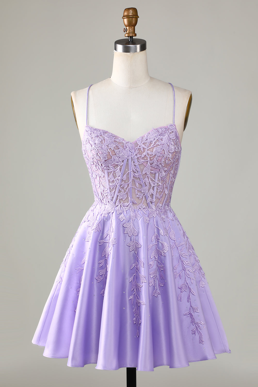 Purple Corset A-Line Satin Short Formal Dress with Lace