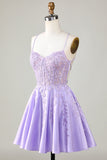 Purple Corset A-Line Satin Short Formal Dress with Lace