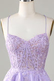 Purple Corset A-Line Satin Short Formal Dress with Lace