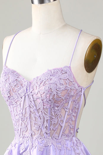 Purple Corset A-Line Satin Short Formal Dress with Lace