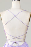 Purple Corset A-Line Satin Short Formal Dress with Lace