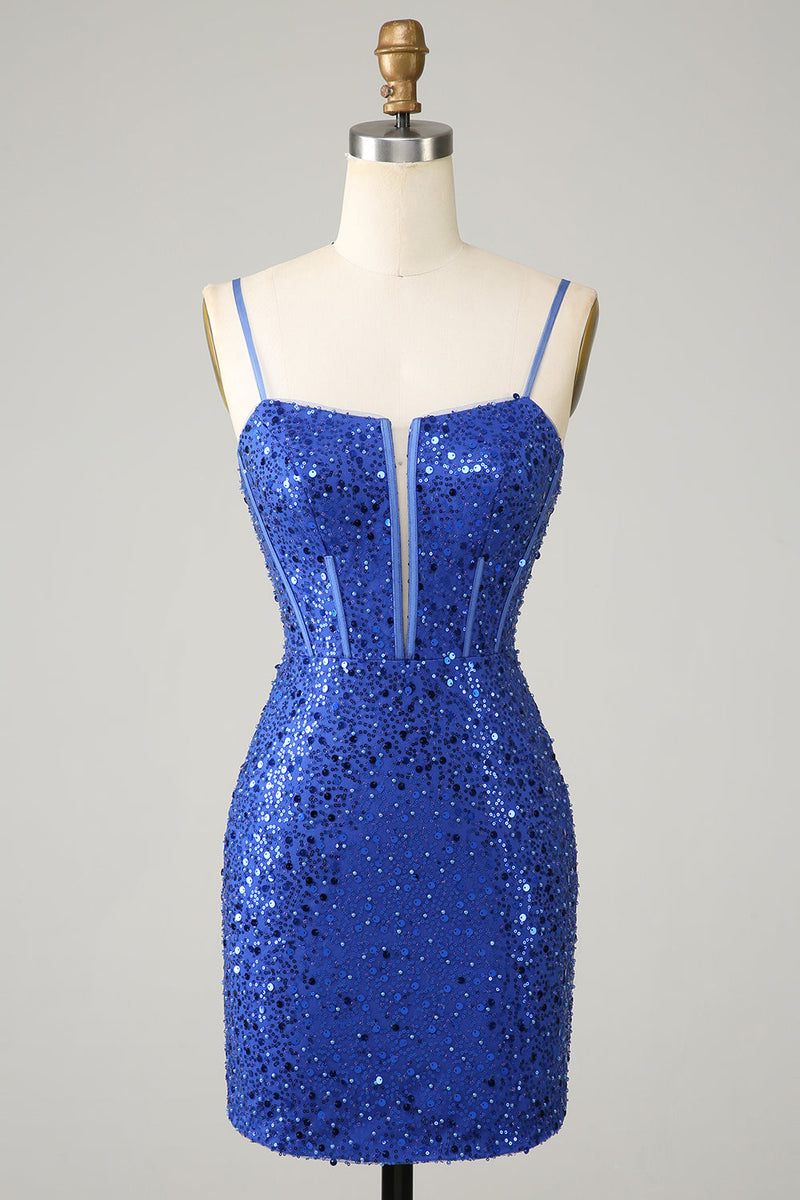 Load image into Gallery viewer, Royal Blue Bodycon Sparkly Spaghetti Straps Cocktail Dress