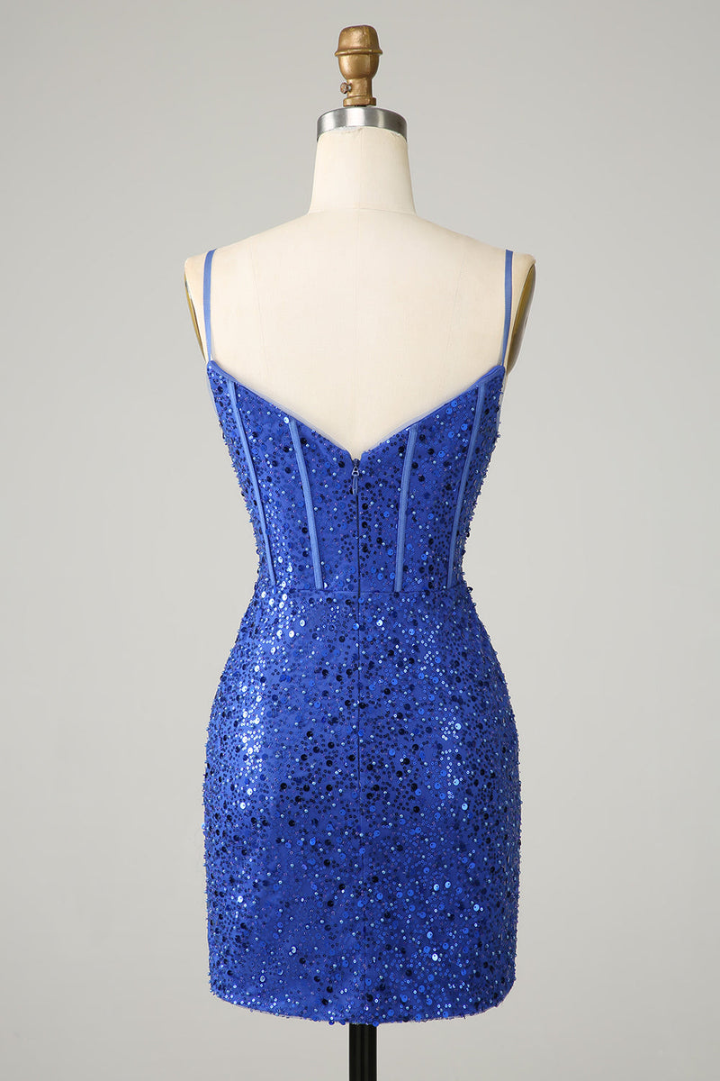 Load image into Gallery viewer, Royal Blue Bodycon Sparkly Spaghetti Straps Cocktail Dress