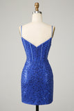 Royal Blue Bodycon Sparkly Spaghetti Straps Cocktail Dress