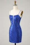 Royal Blue Bodycon Sparkly Spaghetti Straps Cocktail Dress