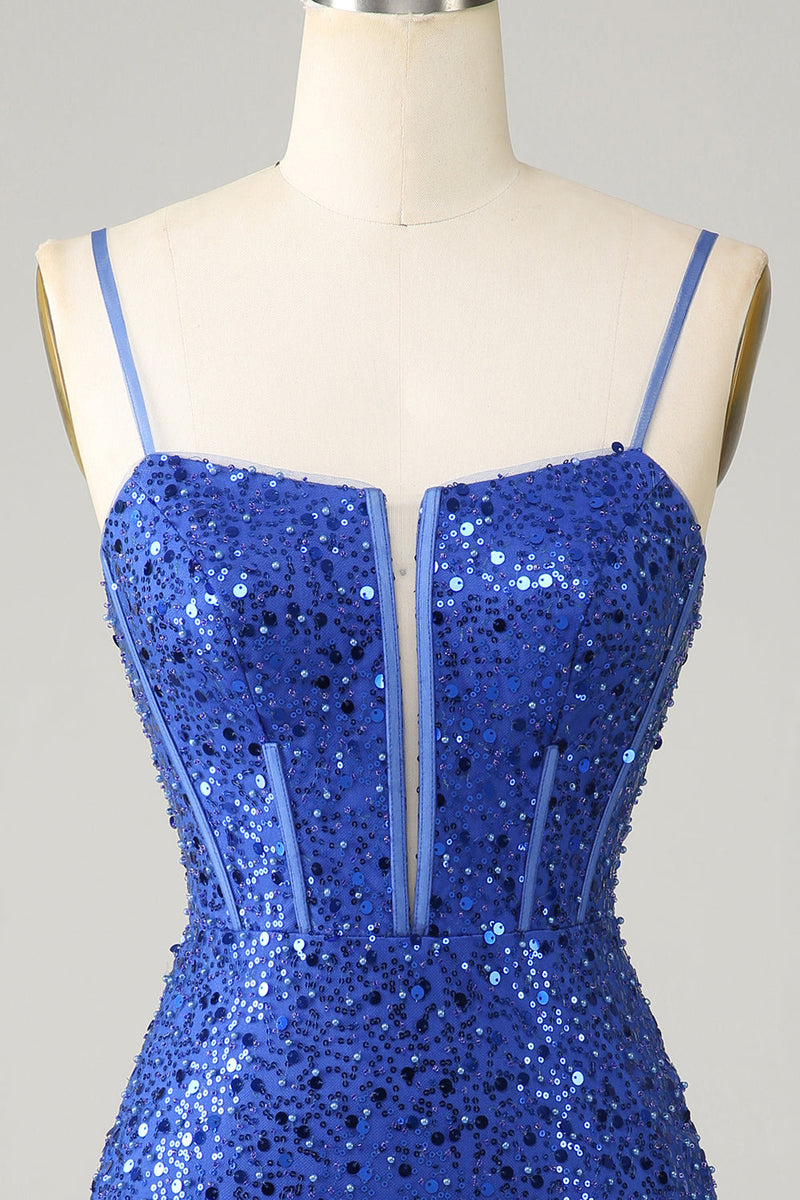 Load image into Gallery viewer, Royal Blue Bodycon Sparkly Spaghetti Straps Cocktail Dress