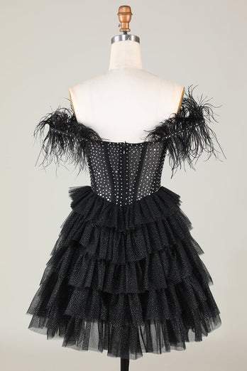 Sparkly Beaded Corset A-Line Black Short Formal Dress with Feathers