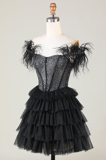 Sparkly Beaded Corset A-Line Black Short Formal Dress with Feathers