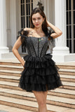 Sparkly Black Beaded Corset A-Line Short Cocktail Dress with Feathers