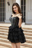 Sparkly Black Beaded Corset A-Line Short Cocktail Dress with Feathers