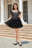 Sparkly Black Beaded Corset A-Line Short Cocktail Dress with Feathers