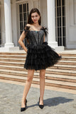 Sparkly Black Beaded Corset A-Line Short Cocktail Dress with Feathers