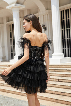 Sparkly Black Beaded Corset A-Line Short Cocktail Dress with Feathers