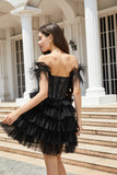 Sparkly Beaded Corset A-Line Black Short Formal Dress with Feathers