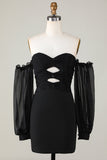 Off The Shoulder Keyhole Black Short Formal Dress with Beading