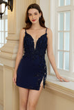 Sheath Spaghetti Straps Corset Navy Short Formal Dress with Lace