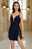 Sheath Spaghetti Straps Corset Navy Short Formal Dress with Lace