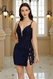 Sheath Spaghetti Straps Corset Navy Short Formal Dress with Lace