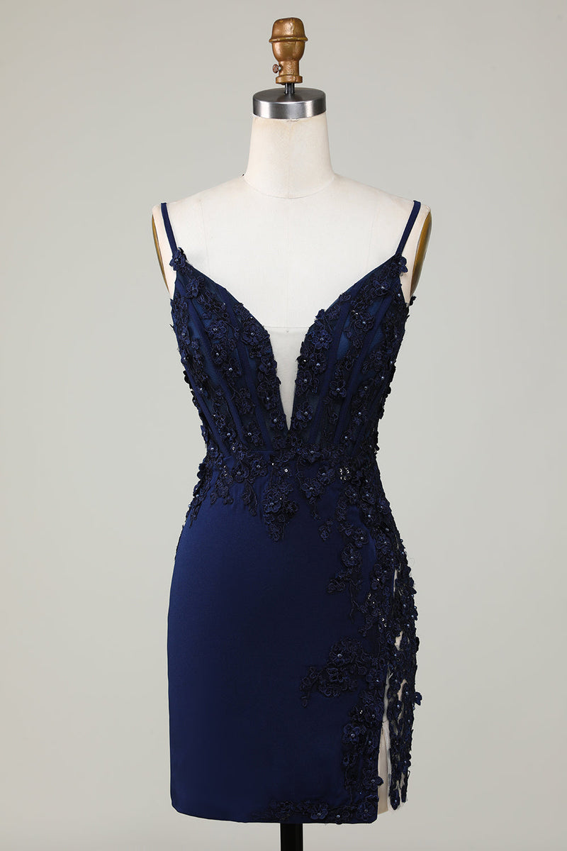 Load image into Gallery viewer, Sparkly Navy Corset Tight Short Formal Dress with Lace