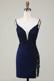 Sparkly Navy Corset Tight Short Formal Dress with Lace