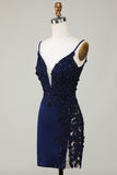 Sparkly Navy Corset Tight Short Formal Dress with Lace