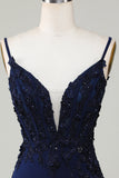 Sparkly Navy Corset Tight Short Formal Dress with Lace