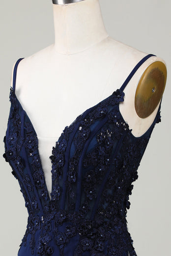 Sparkly Navy Corset Tight Short Formal Dress with Lace