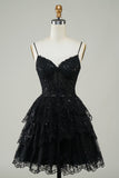 Gorgeous A Line Spaghetti Straps Black Sparkly Corset Cocktail Dress