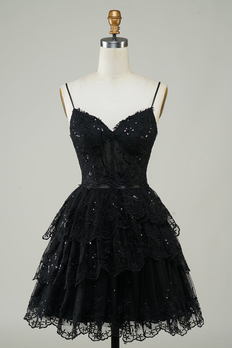 Load image into Gallery viewer, Gorgeous A Line Spaghetti Straps Dark Blue Sparkly Corset Cocktail Dress