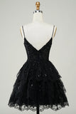 Gorgeous A Line Spaghetti Straps Black Sparkly Corset Cocktail Dress