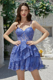 Gorgeous A Line Spaghetti Straps Dark Blue Sparkly Corset Cocktail Dress