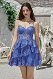 Gorgeous A Line Spaghetti Straps Dark Blue Sparkly Corset Cocktail Dress