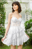 White A-Line Spaghetti Straps Tiered Lace Little White Dress