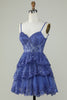 Load image into Gallery viewer, Cute A Line Spaghetti Straps Dark Blue Sparkly Corset Short Formal Dress