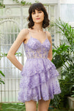 Sparkly Spaghetti Straps Sequins Purple Short Formal Dress