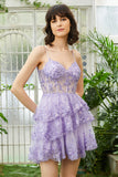 Cute A Line Spaghetti Straps Dark Blue Sparkly Corset Short Formal Dress