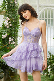 Sparkly Spaghetti Straps Sequins Purple Short Formal Dress