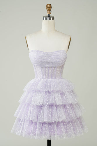 Sparkly Purple Corset Tiered Cute Short Formal Dress