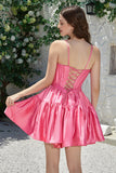 Stylish A-Line Spaghetti Straps Fuchsia Short Formal Dress with Bowknot