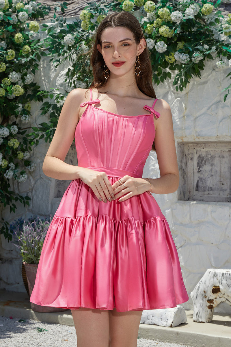 Load image into Gallery viewer, Stylish A-Line Spaghetti Straps Fuchsia Short Formal Dress with Bowknot