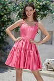 Stylish A-Line Spaghetti Straps Fuchsia Short Formal Dress with Bowknot