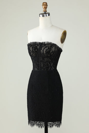 Strapless Black Short Formal Dress with Beading