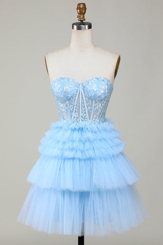 Cute A-Line Sweetheart Blue Corset Short Formal Dress with Ruffles