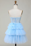 Cute A-Line Sweetheart Blue Corset Short Formal Dress with Ruffles