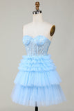 Cute A-Line Sweetheart Blue Corset Short Formal Dress with Ruffles