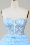 Cute A-Line Sweetheart Blue Corset Short Formal Dress with Ruffles